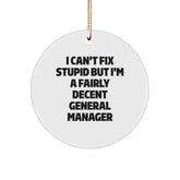 Funny General Manager Circle Ornament Gifts from Men to Coworkers, I Can't Fix Stupid But I'm A Fairly Decent General Manager, Christmas Unique Gifts - Image 1
